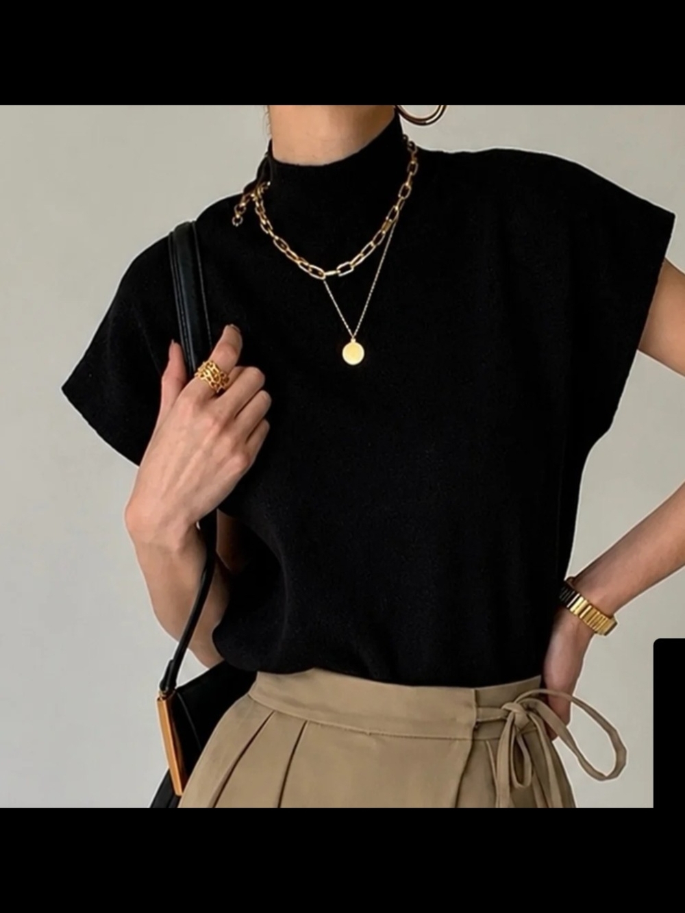Commense Black Mock-Neck Cap Sleeve Sweater Top